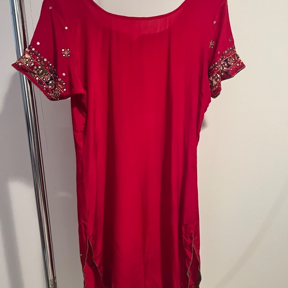 Women’s Indian 3 Piece Red Silk Sequin Top & Pants w Matching Wrap-Large - Picture 6 of 12